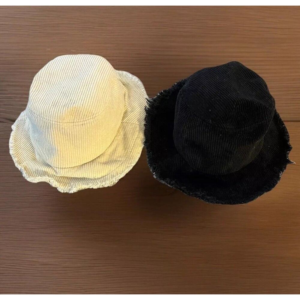Set Of 2 Corduroy Bucket Hats Fringe OSFA Black & White